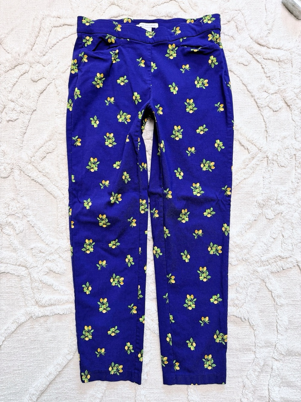 Linda Matthews Lemon Print Blue Slim Ankle Pants Size 6 GUC